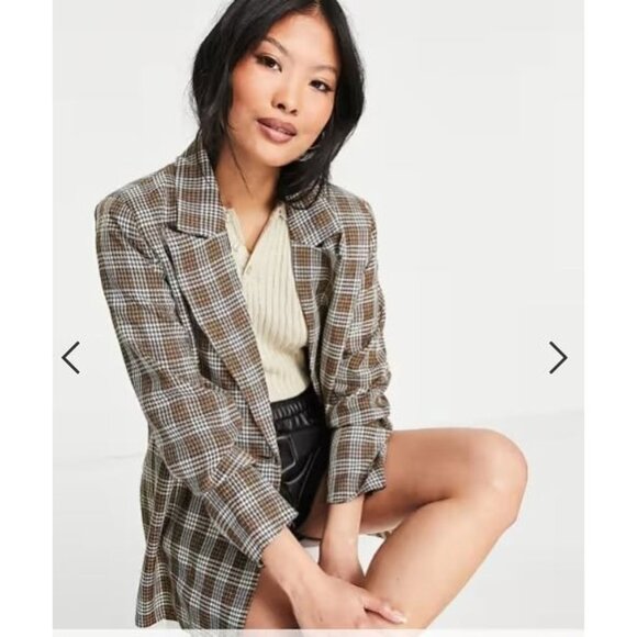 Urban Threads Womens Plaid Blazer Jacket Brown/White S - Picture 1 of 10